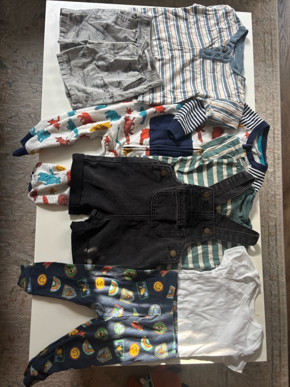 Toddler Mixed Outfit Bundle - Striped Top, Black Overalls, Patterned Pants